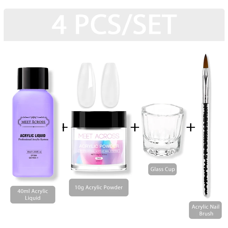 MEET ACROSS Acrylic Powder Crystal Flower Carve Nail Art Extension Builder Powder Acrylic Dipping Powder With Liquid Tool Kit