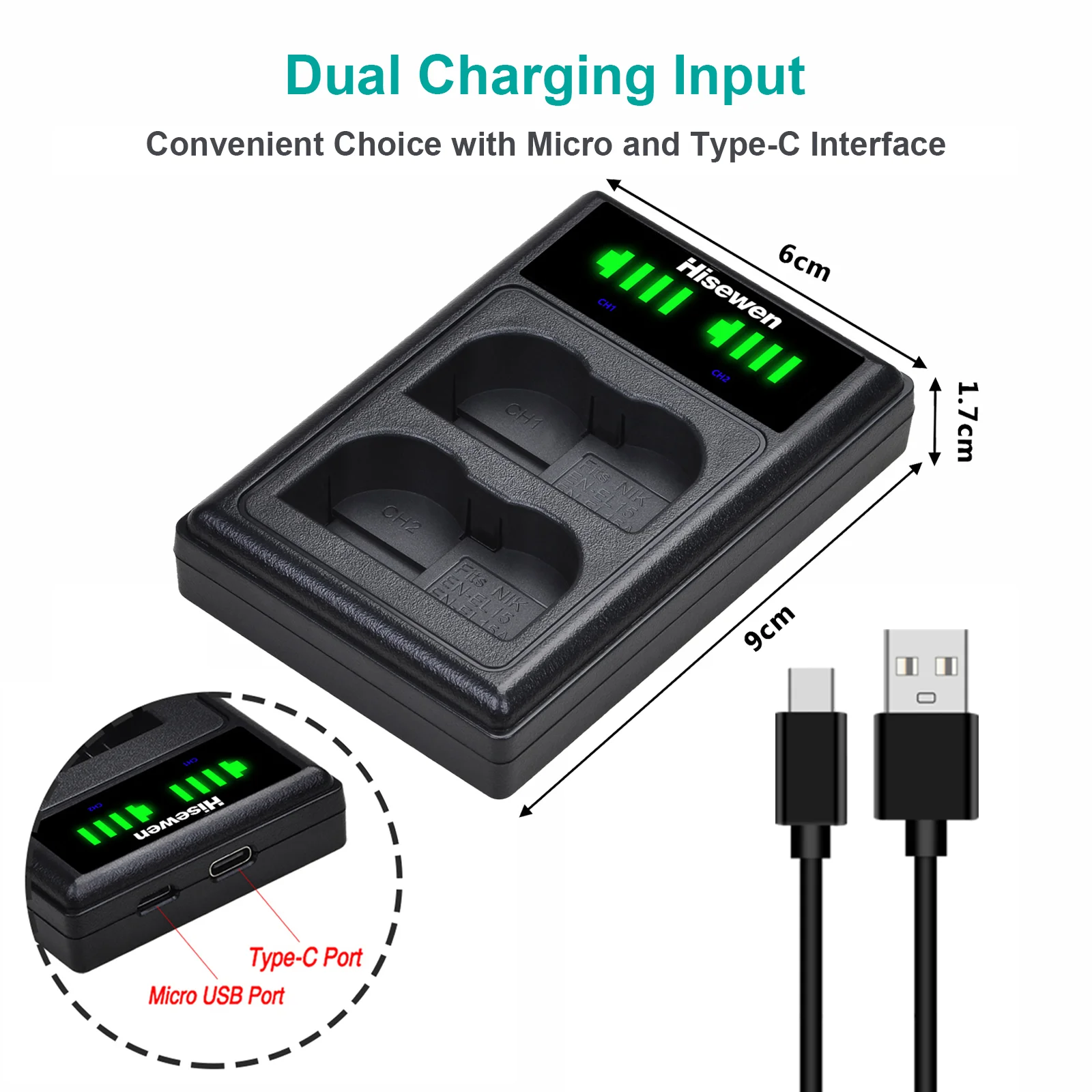 EN-EL15C EN-EL15B EN-EL15 Battery+LED USB Dual Charger with Type-C Port for Nikon Z5 D850 Z6 Z7 D780 D750 D810 D7000 Z8 Z6 ii