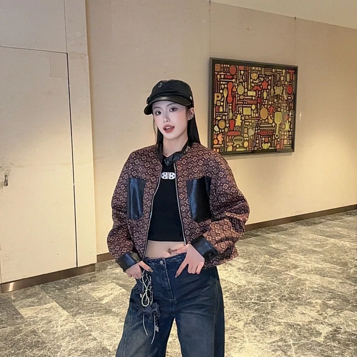 Retro European Style Short Printed Jacket 2025 New Autumn Fashion Slimming Top Quality Cotton Blend Long Sleeve Zipper Closure