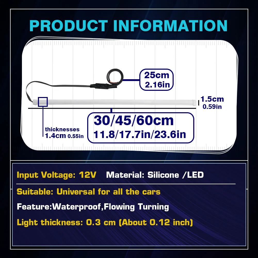 2pcs Flexible sequential Flowing Tube Strip Car DRL Turn Signal Angel Eye White Amber LED Daytime Running Lamp Headlight 30cm
