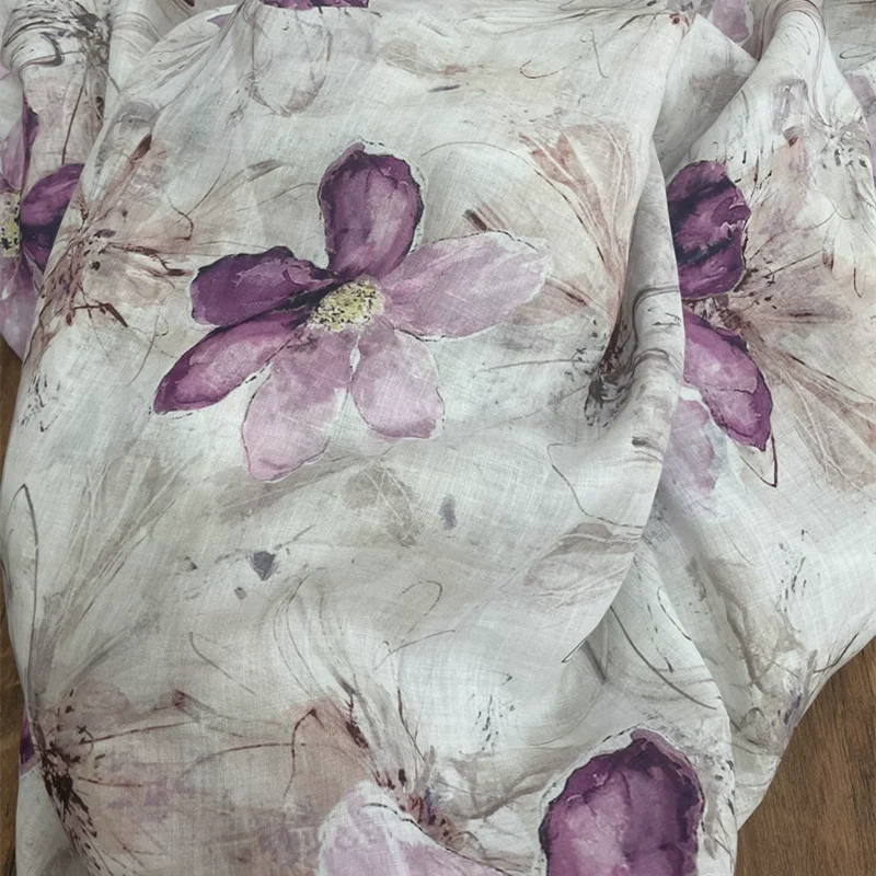 High quality new ramie patchwork Purple flowers digital printing telas Breathable and fashionable clothing skirt fabric