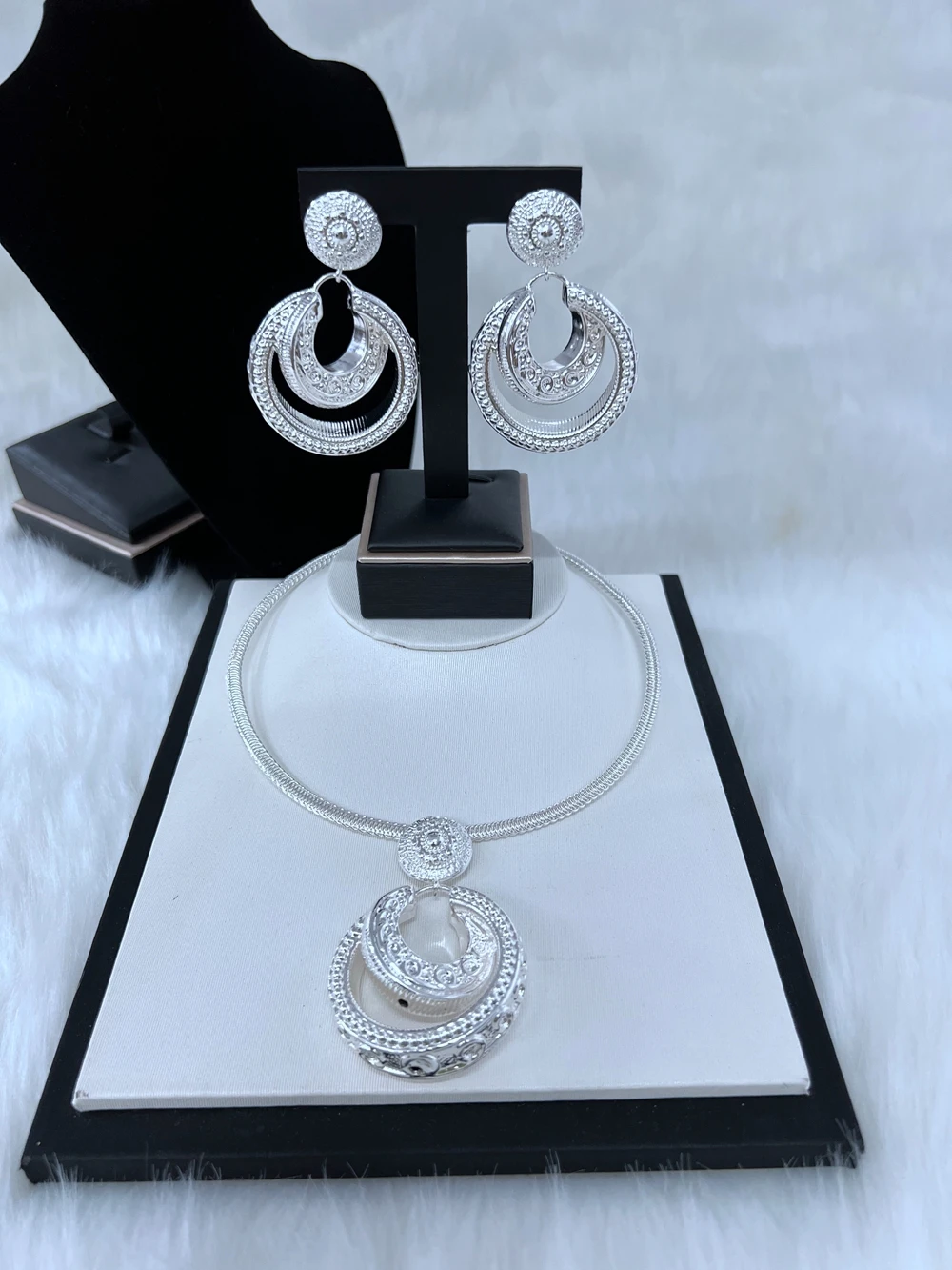 Lady Necklce Earring 2 Pcs Jewelry Set Large Pendant Silver Plated Luxury Nigeria Dubai Gold Plated Jewelry Sets For Women