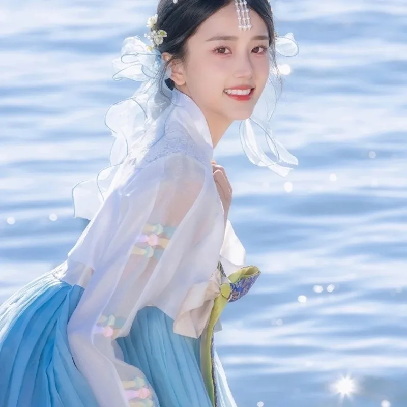 

Yunnan Lijiang Travel Photography Hanbok Blue Gauze Skirt Women's Korean Dress Court Dress Hanbok Super Fairy