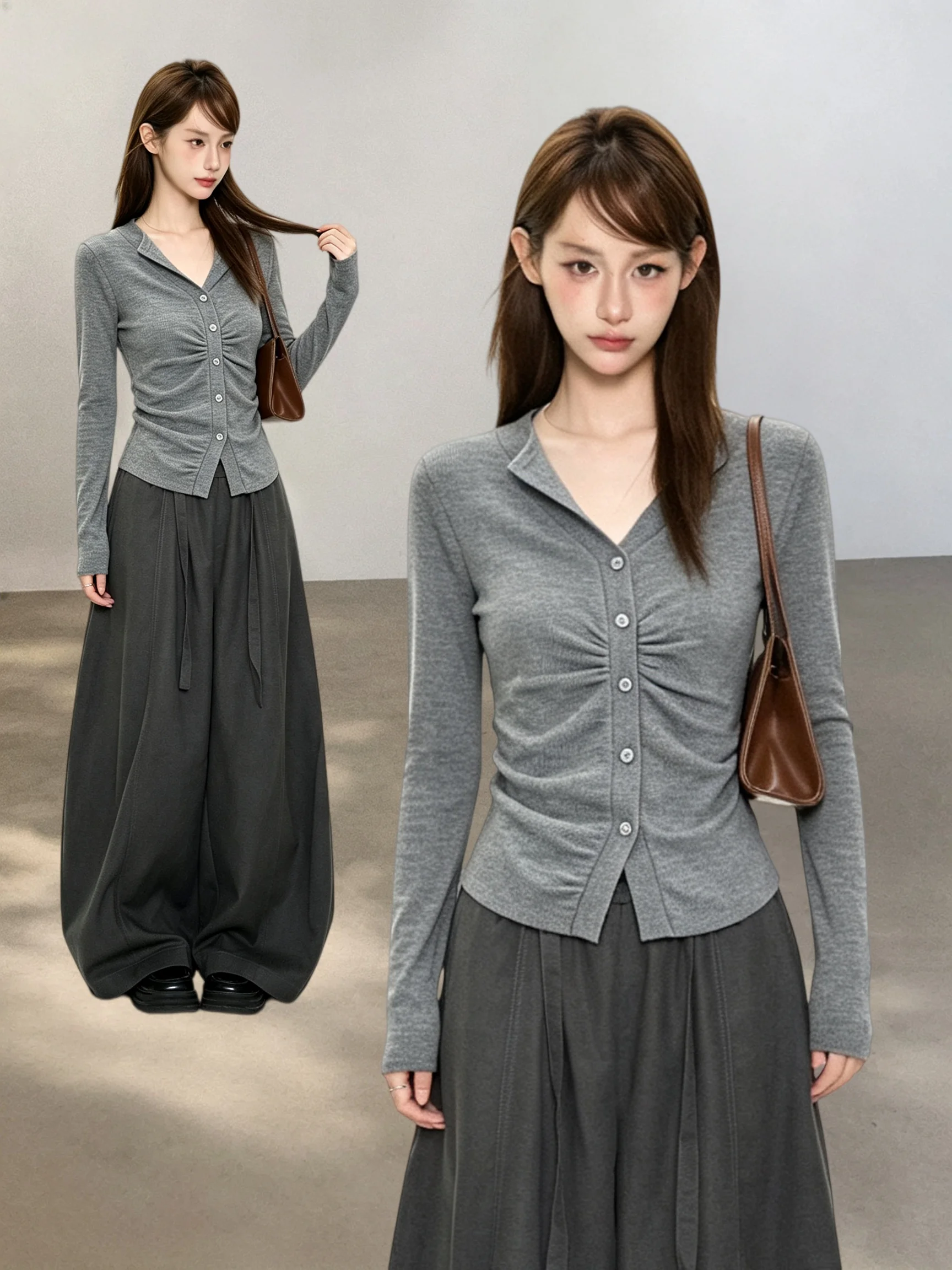 Pure Desire V Neck Gray Knit Cardigan Women Slim Fit Solid Color Super Elastic Versatile Cropped Top Casual Long Sleeve Knitwear