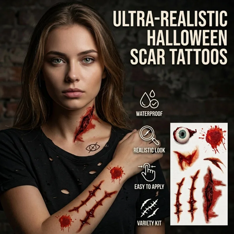 Creepy Halloween Scar Tattoo Stickers, Waterproof Temporary Body Art for Spooky Party, Haunted House Decor and Props