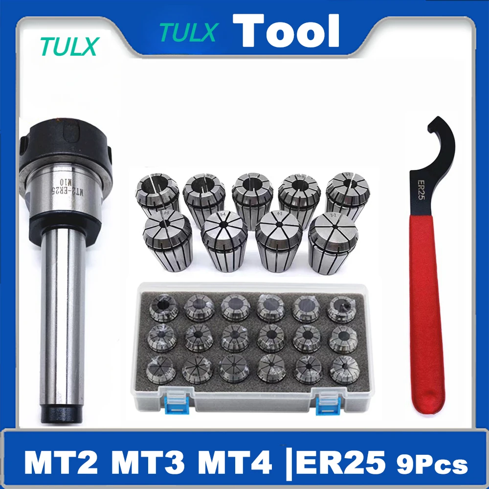 

TULX ER25 Collect MT2 MT3 MT4 ER25 Spring Clamps 15PCS MT2 ER25 M12 ER25 Collet Chuck Morse Cone Holder MT2 MT3 MT4 ER25 Set