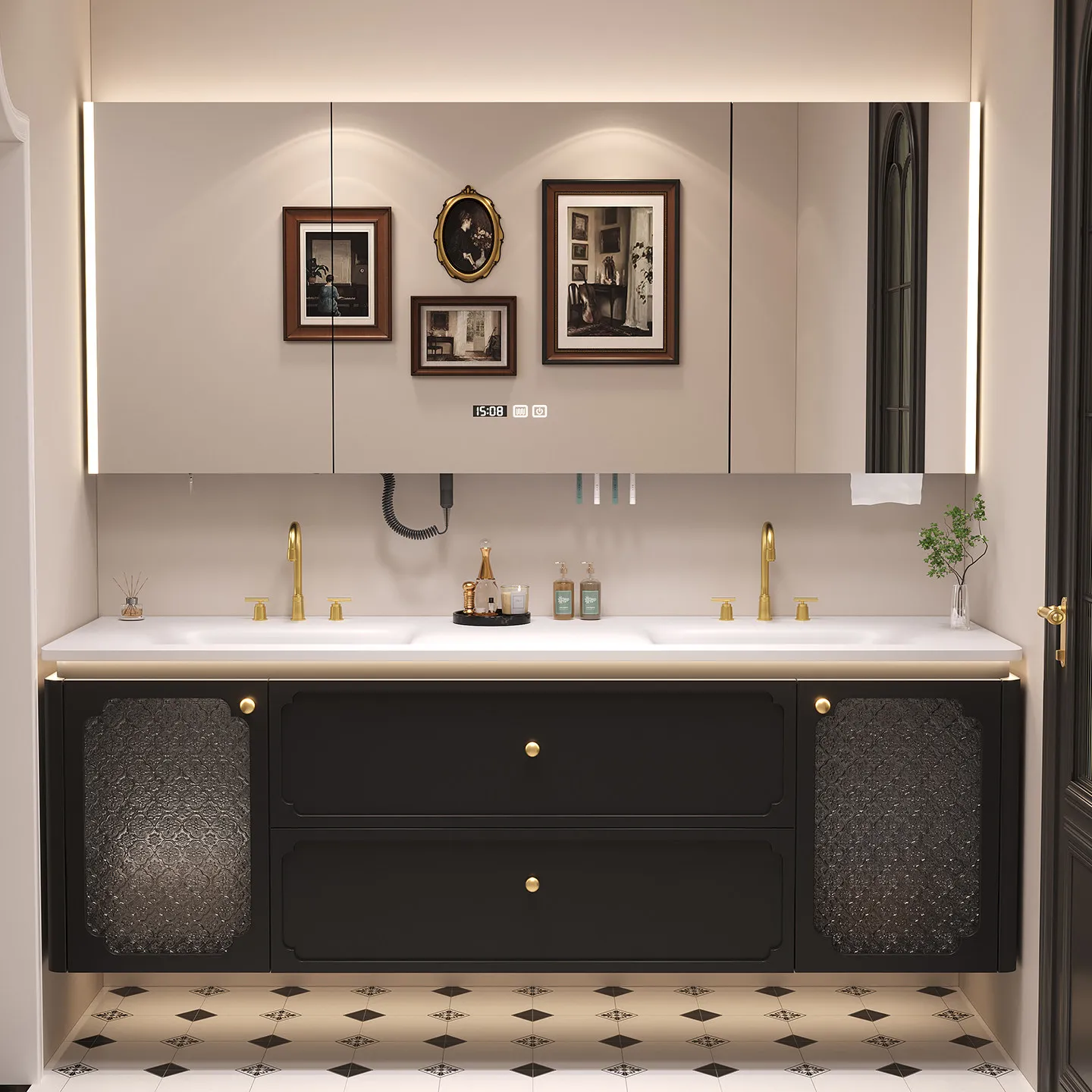 

French slate hot bending integrated double basin oak bathroom cabinet combination light luxury bathroom washbasin