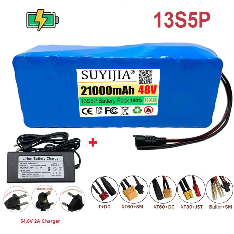 48V 21Ah 18650 Lithium 13S5P Battery Pack Built-in Intelligent BMS for 500-1000W Electrical Machinery+charger