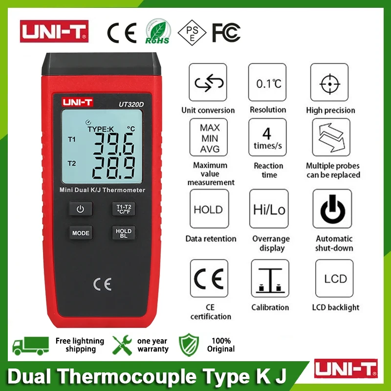 UNI-T UT320D UT320A Thermometer hygrometer Thermokoppel contact type dual channel K/J temperature meter Hygrometer tester