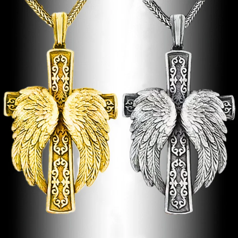 Fashion Cross Necklace Religious Belief Jesus Cross Angel Wings Pendant Hip Hop Necklaces for Men Cross Jewelry Anniversary Gift