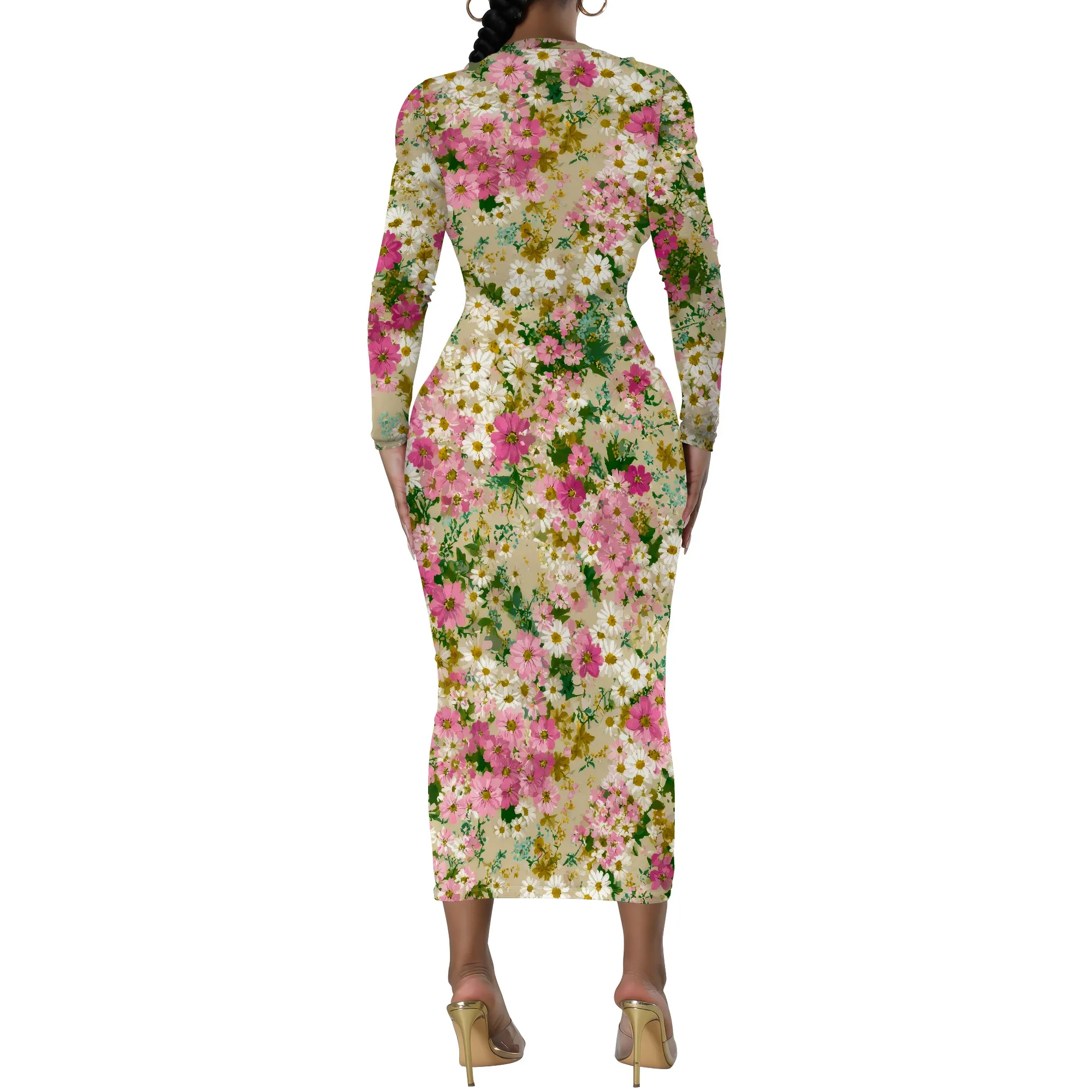 ผู้หญิง Wrap Dresses ฤดูใบไม้ร่วงลําลองแขนยาวพิมพ์ลายดอกไม้ถักเซ็กซี่ Bodycon ชุดราตรีค็อกเทลปาร์ตี้ชุด Midi
