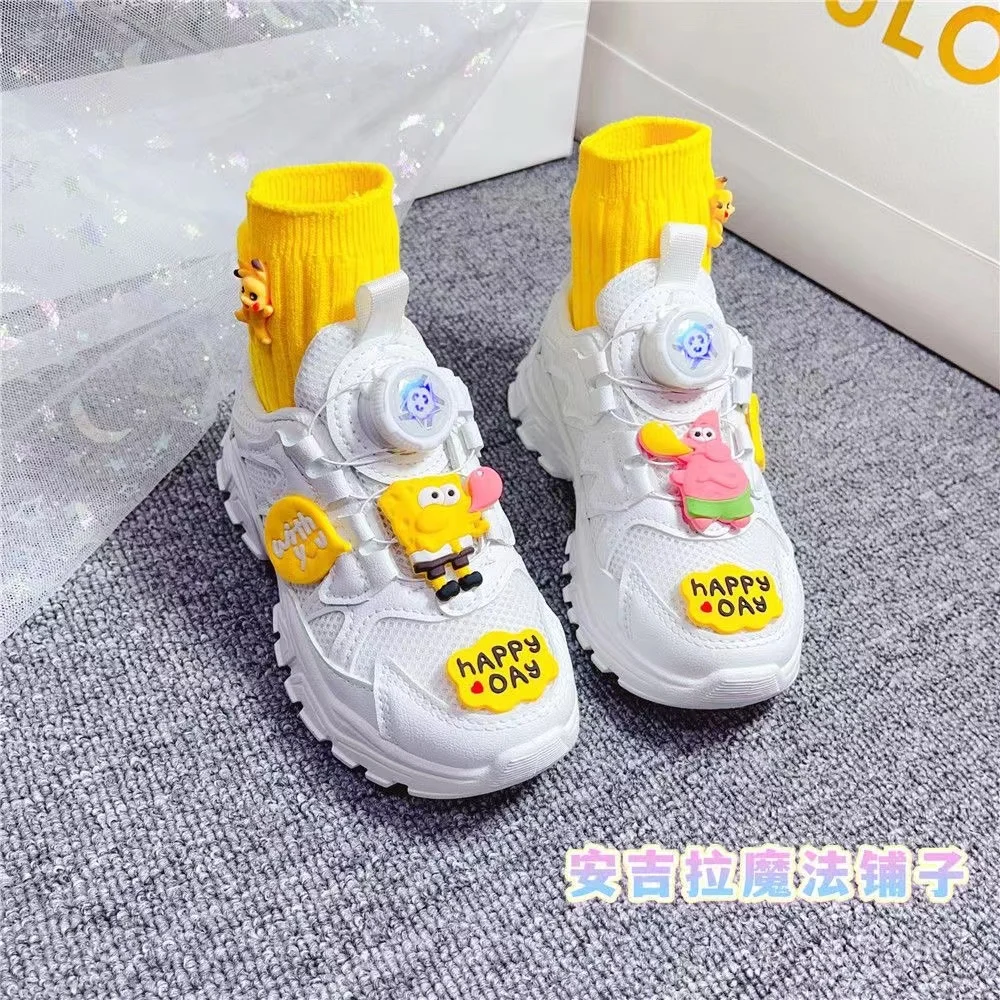 Sepatu olahraga anak SpongeBob SquarePants, sepatu lari anak warna putih baru musim semi dan gugur 2024, sepatu kartun Pikachu modis ultra-ringan