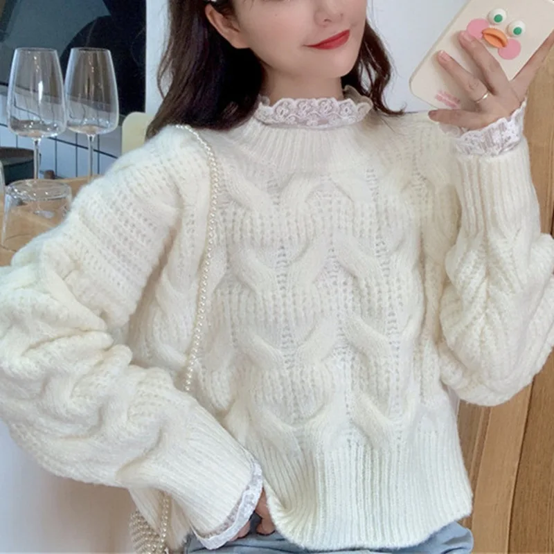 Women's Autumn/winter Thickened Cable Knit Sweater Loose-fit Fleece-lined Wide Leg Pants One piece E2931