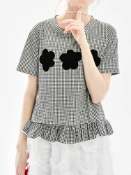 imakokoni 2024 Summer New Cotton Plaid Short Sleeve Round Neck T-shirt for Women 244700