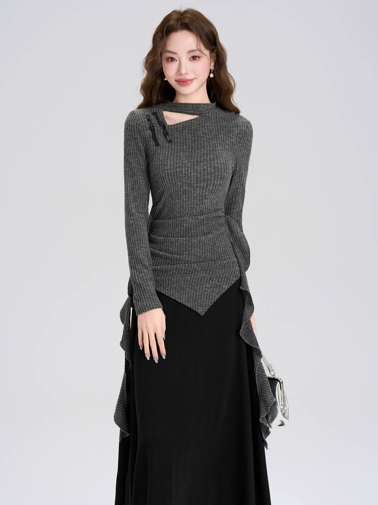 

Spring Commute Slim Fit Knitted Set Elegant Style Long Sleeve High Waist Pants round Neck Top French Style Fashion Set