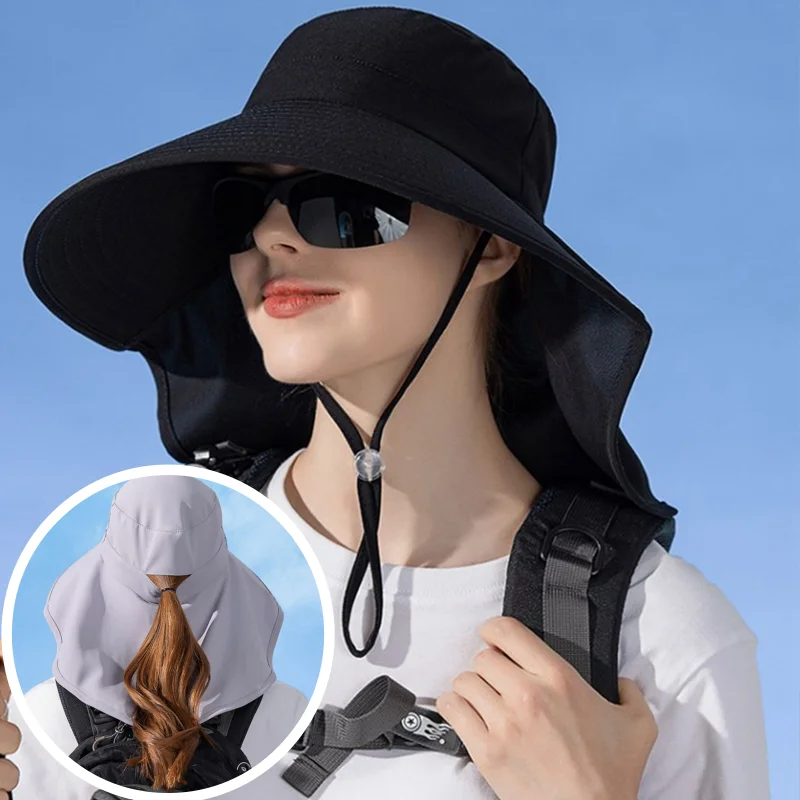 Wide Brim Bucket Hat Neck Protection for Women Summer Ice Cloth Sun Protection Visor Anti UV Sun Hat Outdoor Fisherman Hat