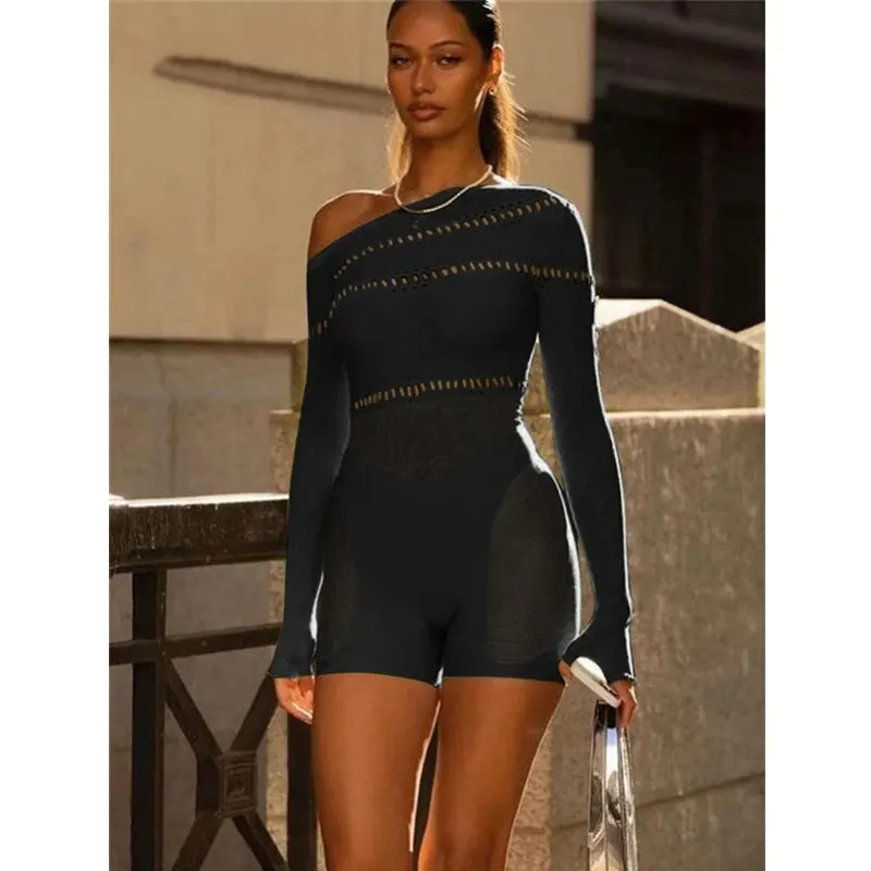 Lace Hollowing Mesh See Through Midnight Playsuits Women Sexy Inclined Shoulder Long Sleeve Patchwork Skinny Rompers Club