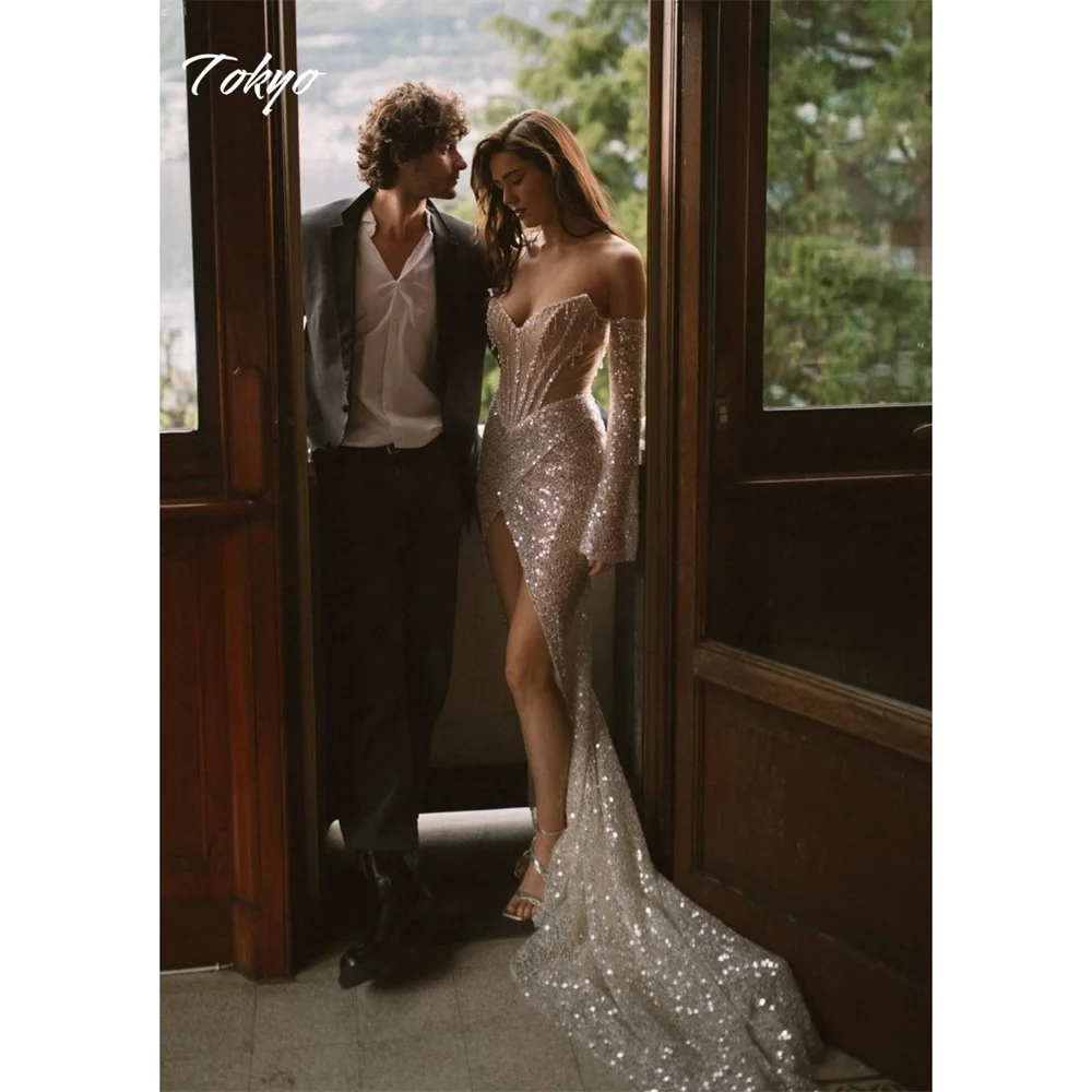 Tóquio personalizado lado branco alta divisão vestido de casamento sem alças mangas destacáveis tribunal trem vestido de noiva sereia vestido de casamento