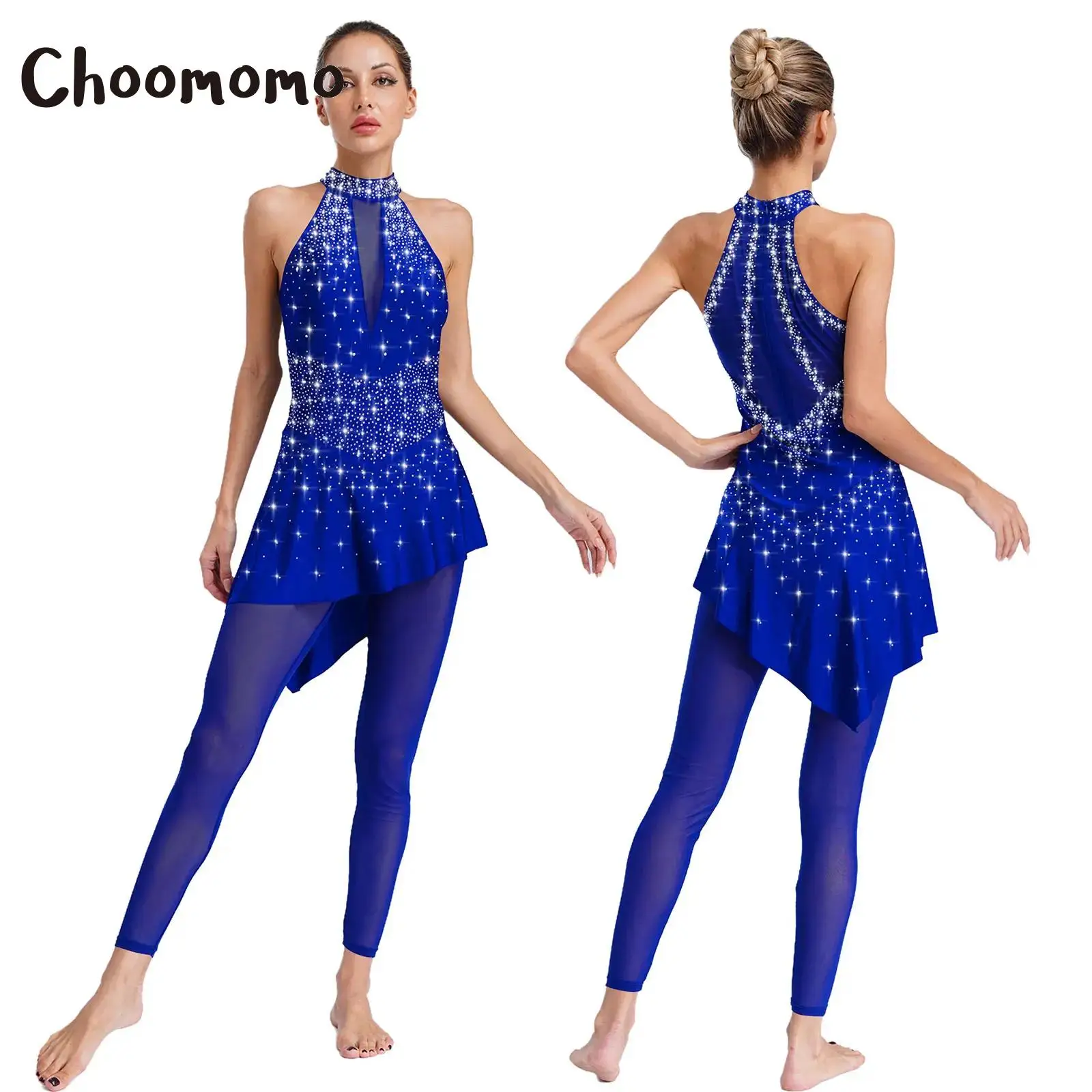 

Figure Skating Dance Jumpsuit Ballet Gymnastics Performance Costume for Women Female Irregular Design Sheer Mesh Rhinestones