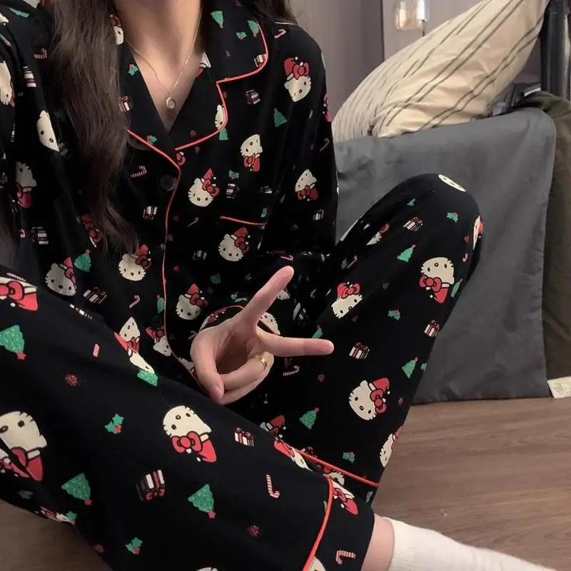 Sanrios Y2K Hello Kitty Cotton Pajamas Set Cartoon Casual Homewear Anime Loose Nightwear Cute Spring Autumn Sleepwear Girl Gift