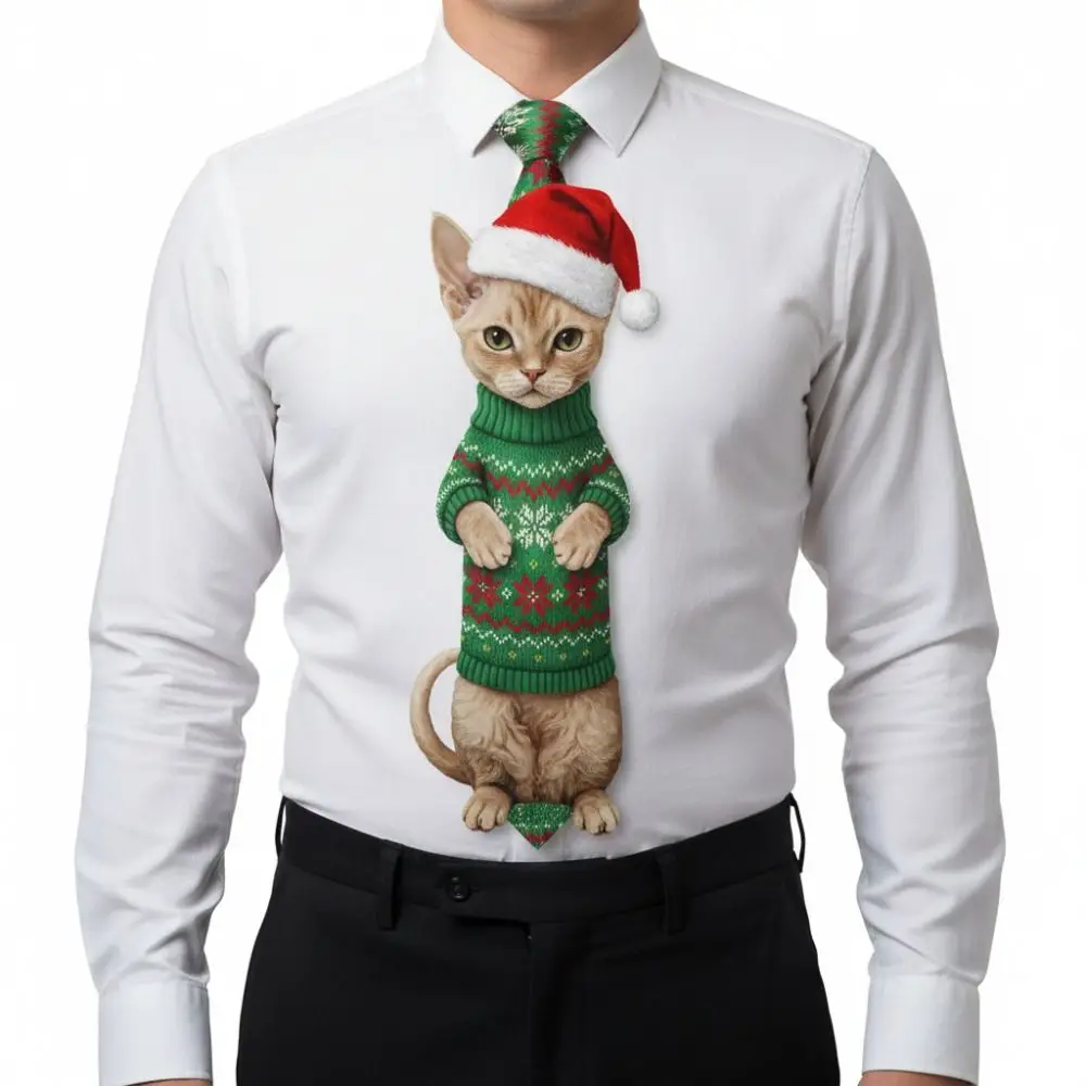 Cat Printed Christmas Novelty Necktie Lifelike Satin Fabric Animal Printed Neck Tie Lightweight Fun Party Necktie Party, Holiday