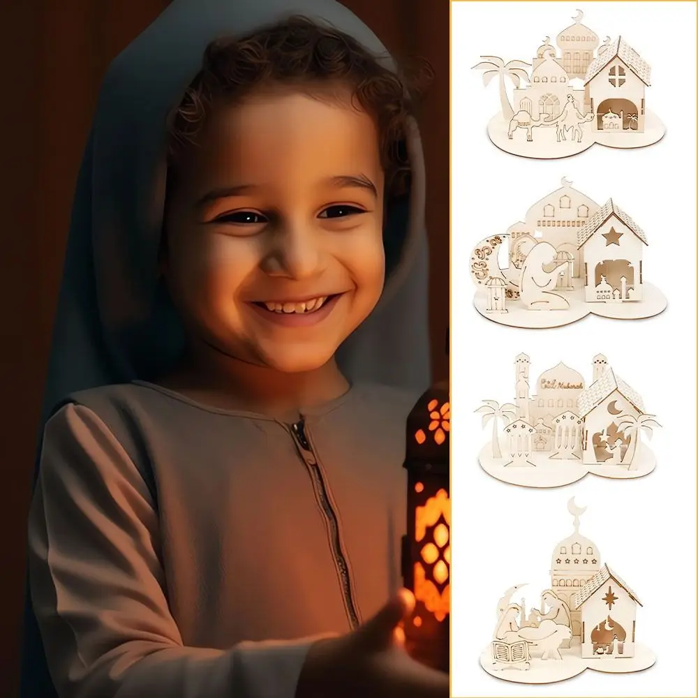 Decorative Wooden Castle Ornaments Removable Handmade 3D Castle Ornaments Ramadan Table Ornaments Eid Mubarak Decor