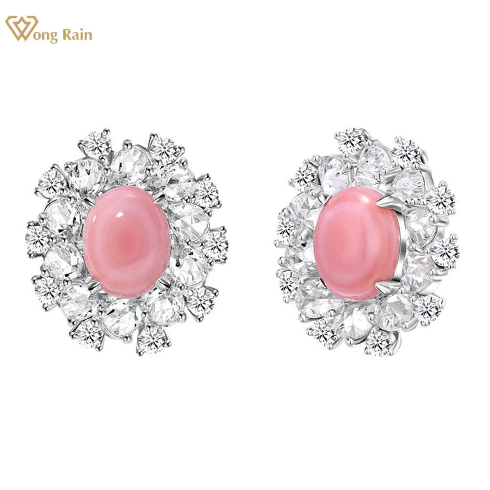 Wong Rain Elegant 925 Sterling Silver 7*9 MM Oval Conch Pinkshells Gemstone Women Earrings Ear Studs Wedding Party Fine Jewelry