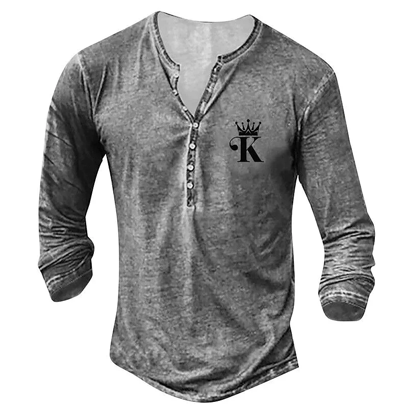 Men\'s Henley Shirt Pokker K Graphic Long Sleeve Tops T-Shirts Spring Autumn Imitation Cotton Button-Down T Shirt Street Wear Tee