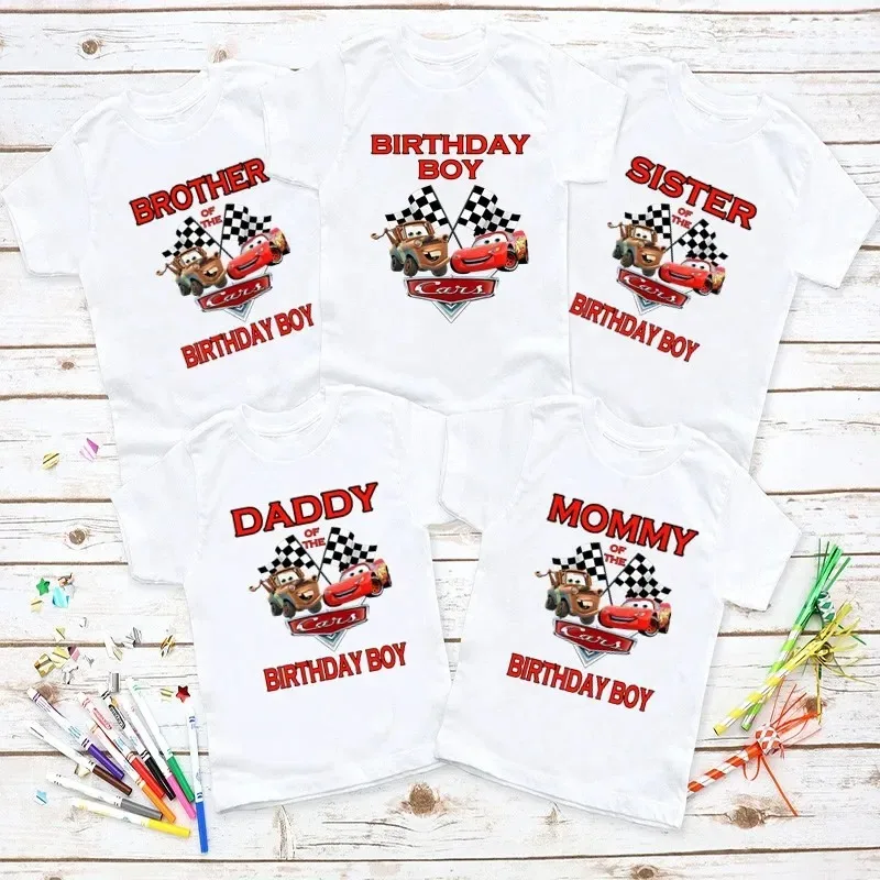 Car Family Matching Outfits For Birthday Boy Car Pixar Lightning McQueen Theme Family Look T-shirt Kids Clothes Father Mother