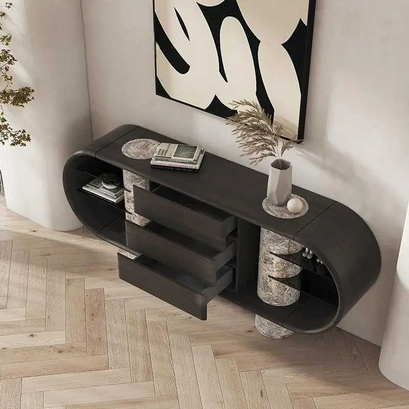 Italian Natural Marble Sideboard, Luxury Stone Storage Cabinet with Open Shelves, Scratch & Stain Resistant, Eco-Friendly