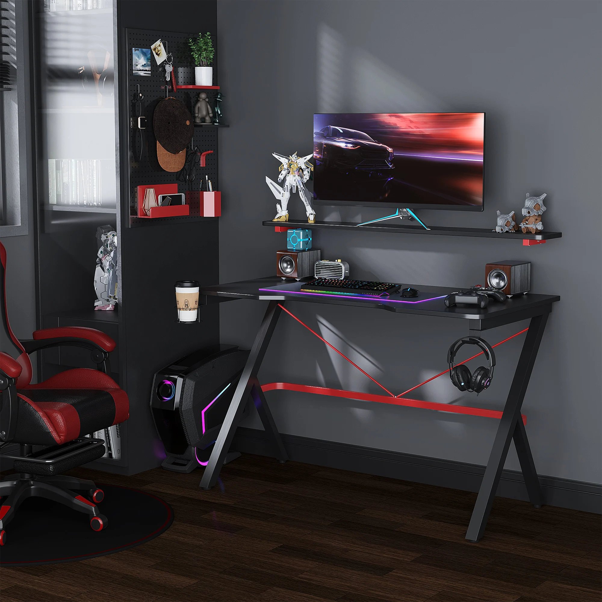 47 Inch Gaming Desk, Racing Computer Desk with Elevated Monitor Shelf, Headphone Hook and Rotatable Cup Holder, Home Office Workstation, Black