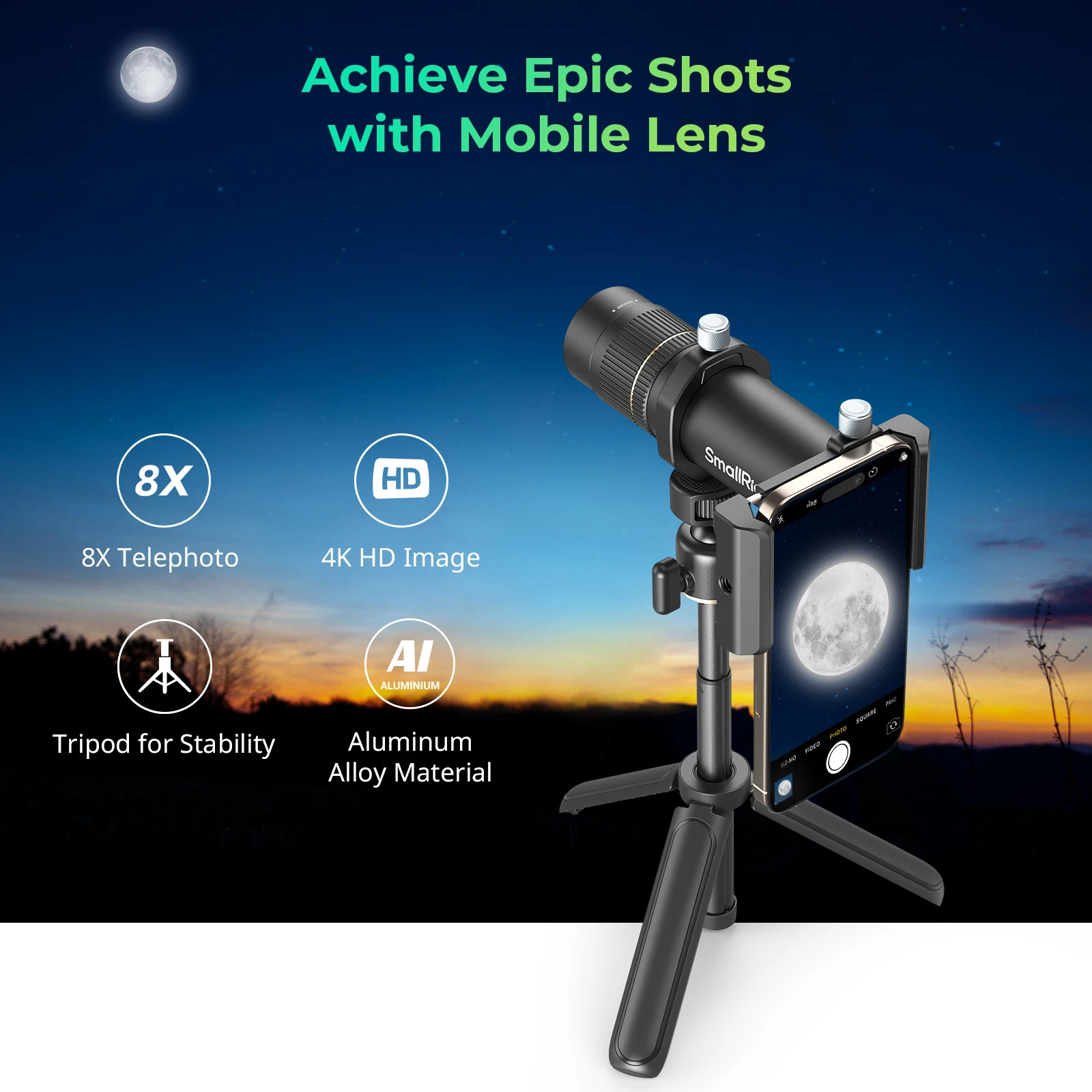 SmallRig Universal Mobile Phone 8x Telephoto Lens  for iPhone 16 Pro / Pro Max T-mount Telephoto Lens w Tripod Lens Clamp 4737