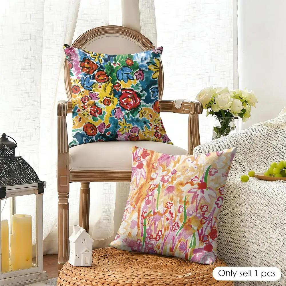 Fashion Pretty Flowers Cushion Cover Organic Linen Square Pillow Case Durable Non-Allergenic And Kind To Skin