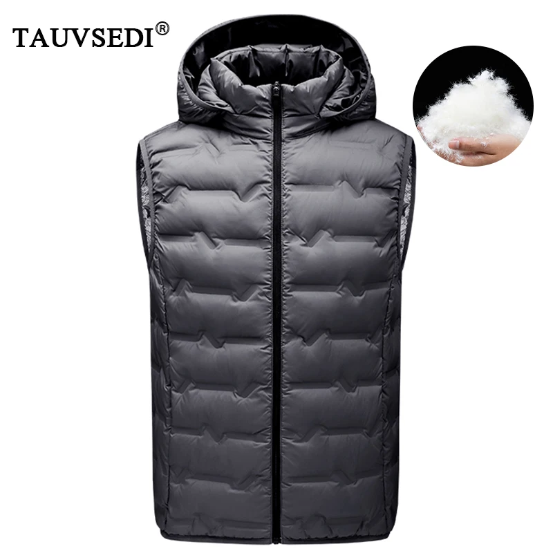 

Зимний мужской жилет на белом утином пуху, мужской водонепроницаемый ветрозащитный съемный шапка, жилеты без рукавов, мужские теплые сверхлегкие жилеты с карманами