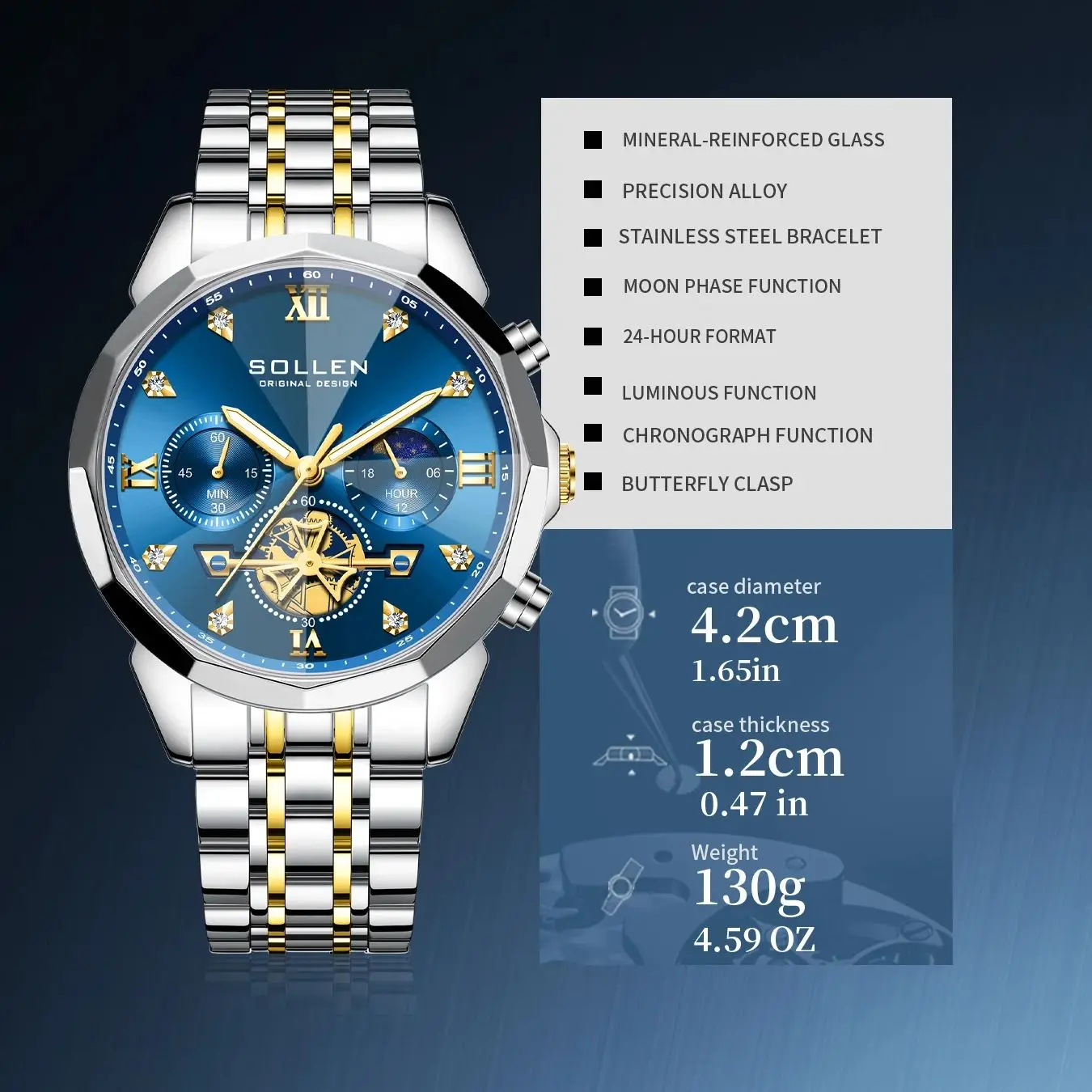 Men's Moon Phase Chronograph Watch, Ultra-Thin Automatic Day Date Watch with Stainless Steel Strap, Casual Dress Watch for Busin