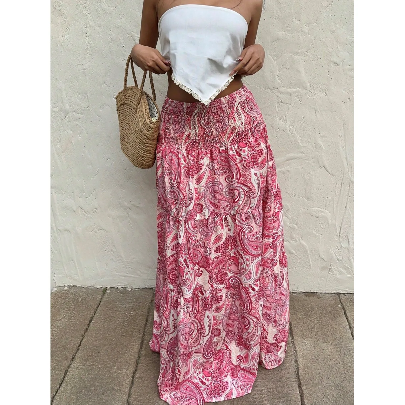

n Print High Waist Elastic Summer Holiday Skirt A-Line Midi Skirt Travel Wear Polyester Fabric Commute Sle Long Skirt