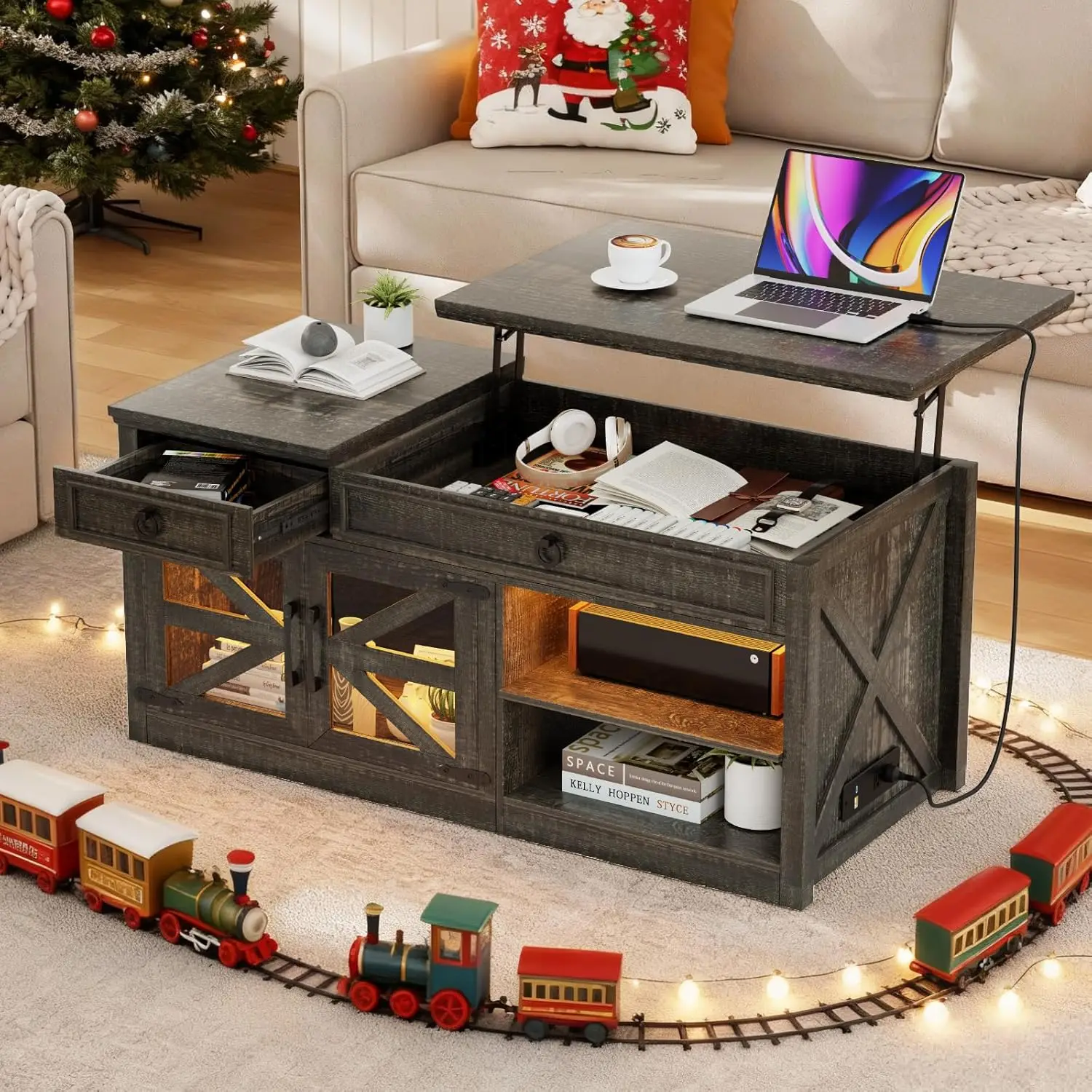 

48 Farmhouse Coffee Table with Lifting Top, LED Center Table with Human Sensor Light,Lift Top Coffee Table with Charging S