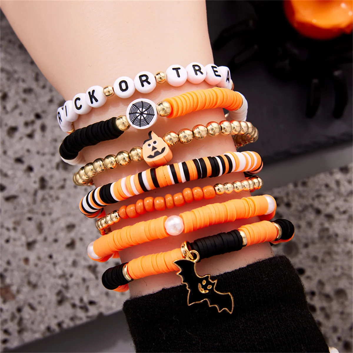 Gothic Multilayer Halloween Bat Pumpkin Cobweb Bracelets For Women Men Acrylic Letters Treat Or Trick Skull Ghost Bangle Jewelry