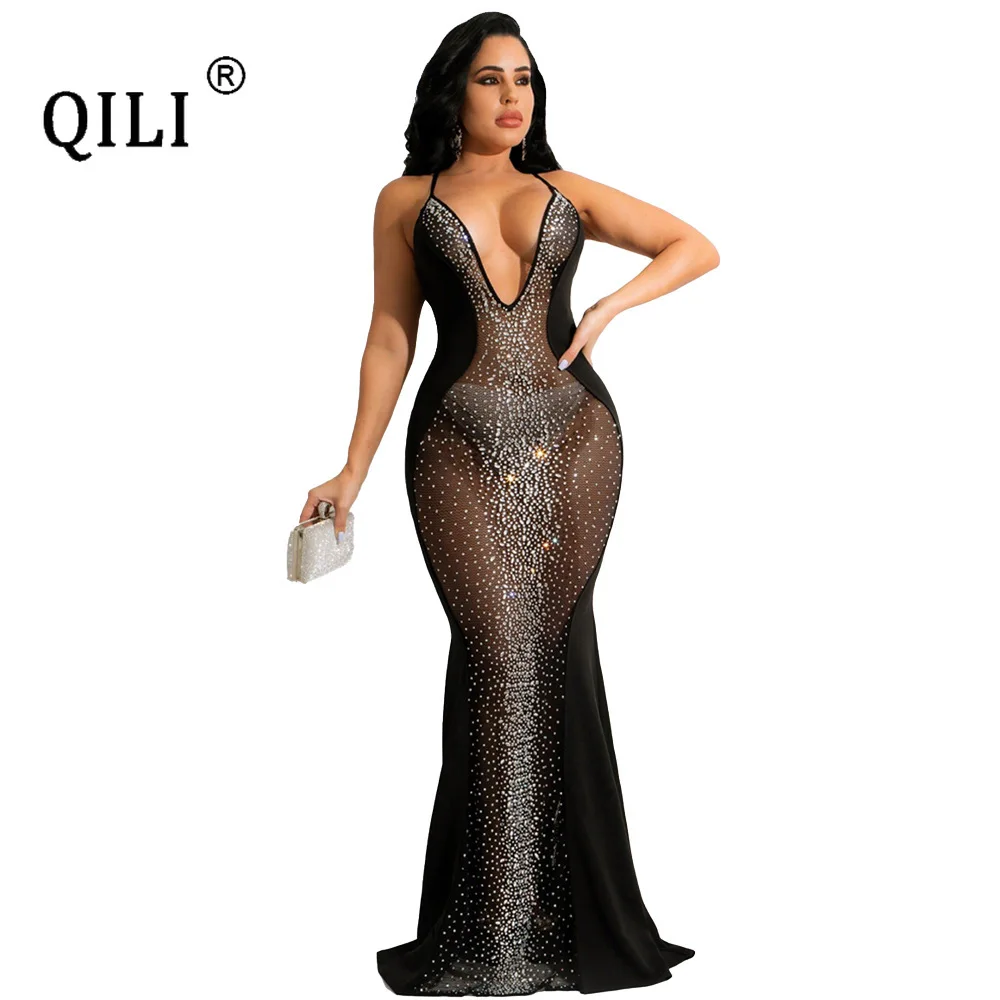 

QILI-Women's Sexy Mermaid Dress, Black, White Diamonds, See Through Mesh Camisole, Bodycon, Prom, Club Dresses, New