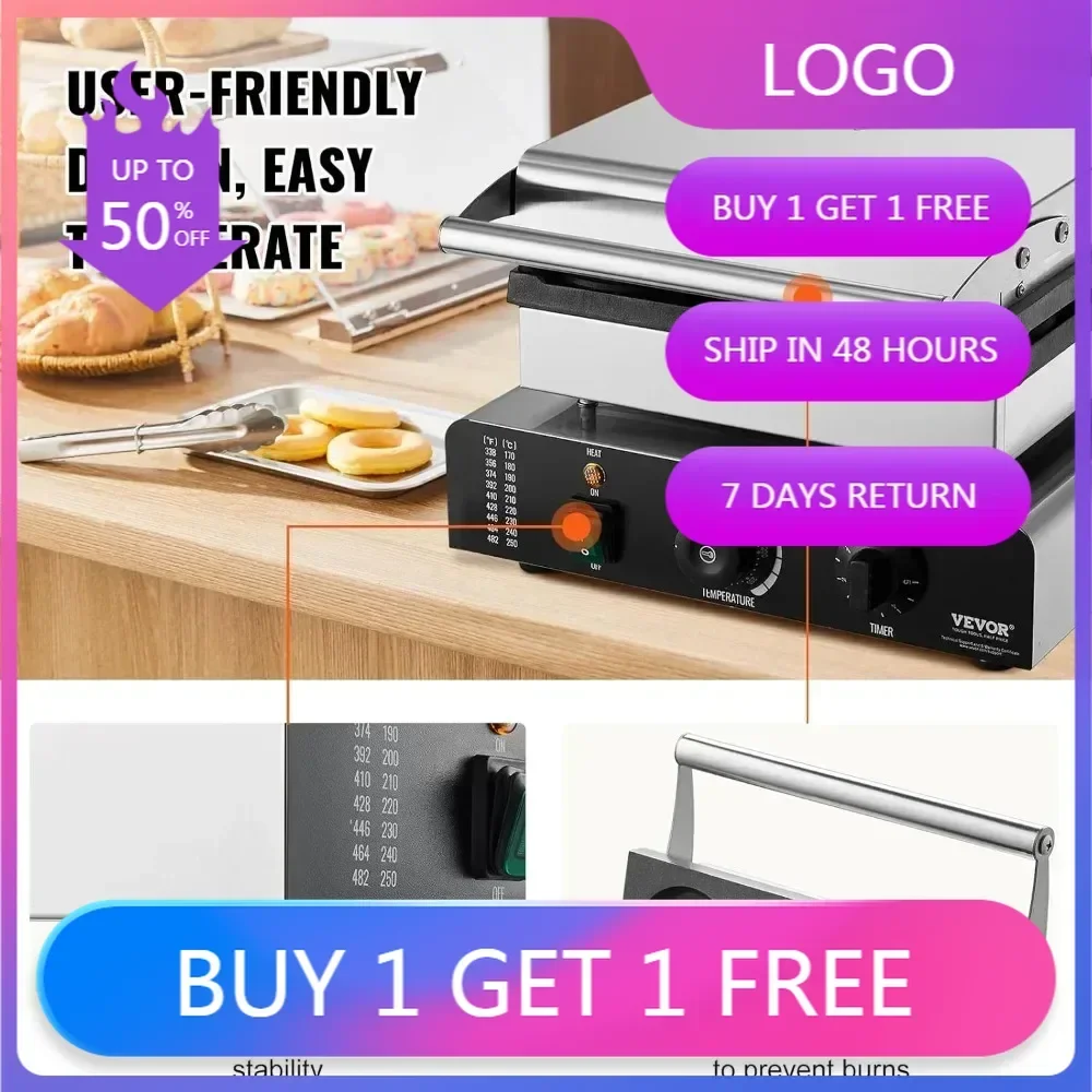 

VEVOR 2000W Professional Electric Donut Machine - 9-Hole Non-stick Double-Sided Waffle Maker