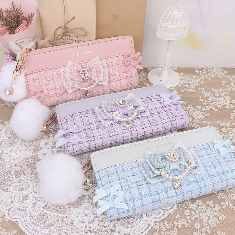Handmade Sweet Lady Pearl Beaded Bow Wallets Hairball Pendant Purse Long Wallet for Ladies