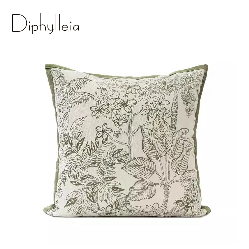 

Diphylleia Modern Cloth Art Cushion Covers High Quality Gray Green Flowers Jacquard Throw Pillow Case American Style Home Decor