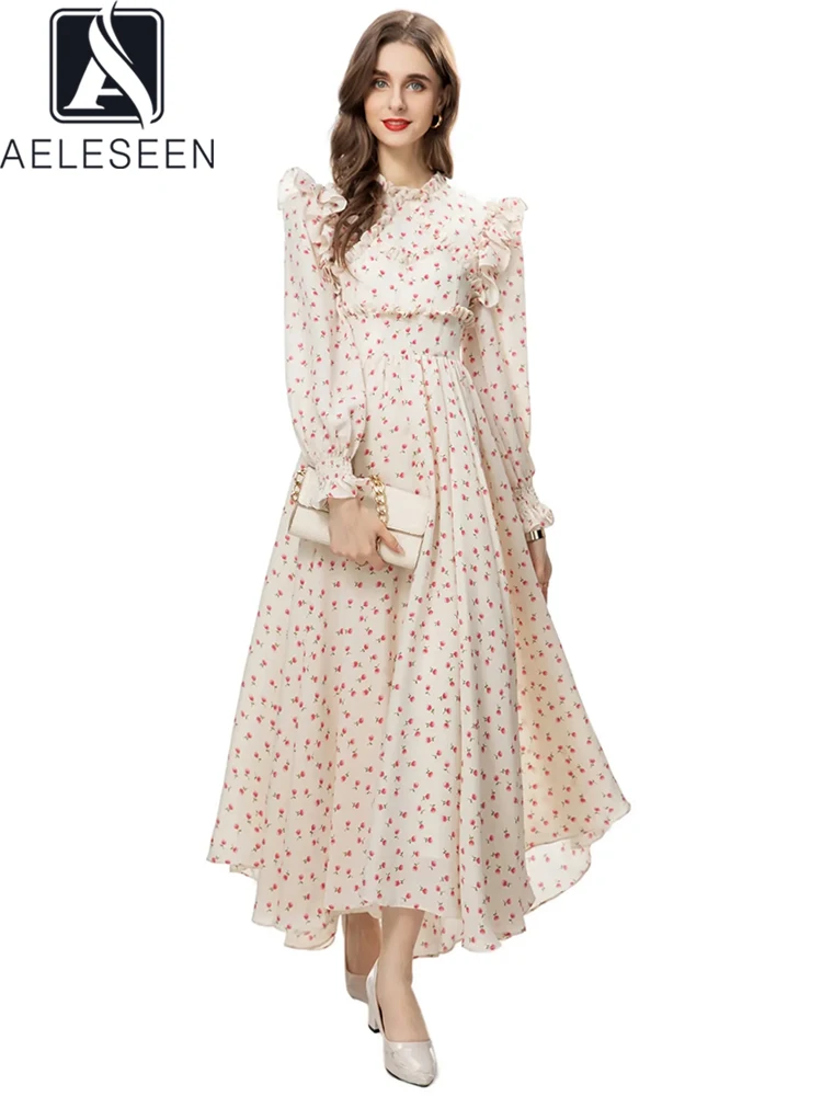 

AELESEEN Elegant Long Women Dress 2024 Spring Lantern Sleeve Pink Floral Print Ruffles Patchwork Spliced Irregular Party