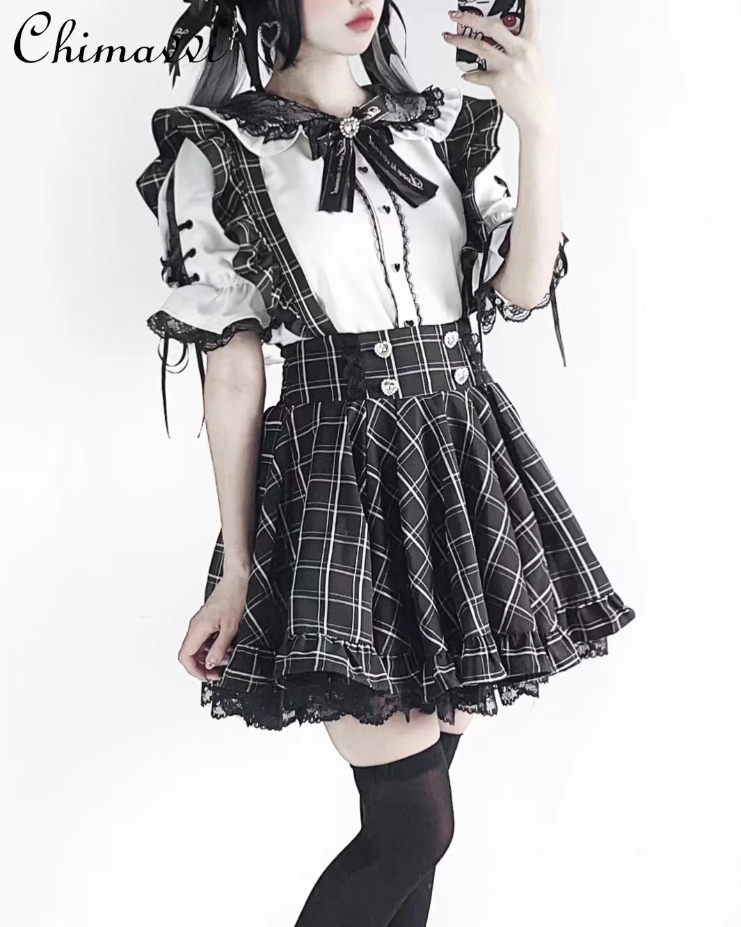 

Japanese Style Mine Mass-Produced Rhinestone Buckle Puffy Strap Skirt Girl Lolita Song-Promotion Costume Plaid Suspender Skirt