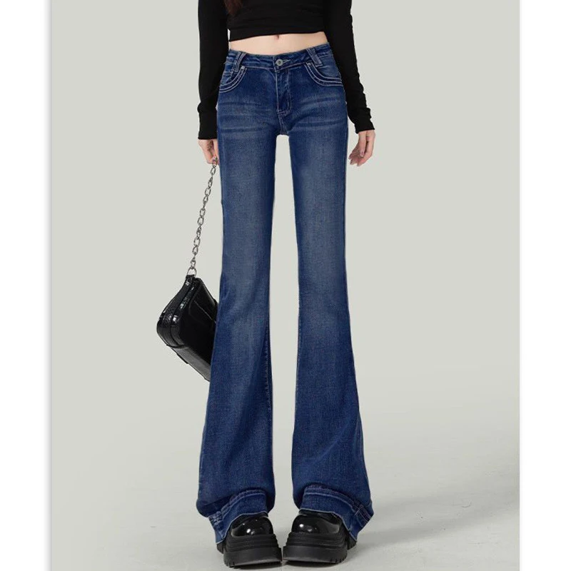 กางเกงยีนส์เอวต่ำทรงขาบานสไตล์เกาหลีสำหรับผู้หญิง แฟชั่นลำลอง ทรงตรง