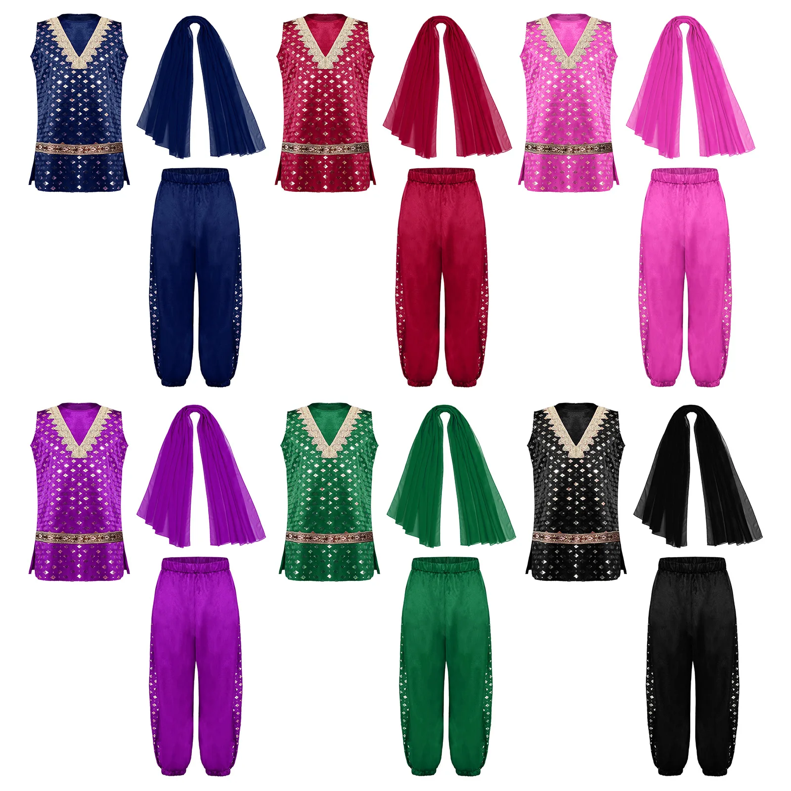 الهند باكستان الملابس فستان الرقص زي العرقية نمط الفتاة اليومية العرقية مجموعة بلا أكمام الجانبين الظهر وشاح من الساتان البنطلونات