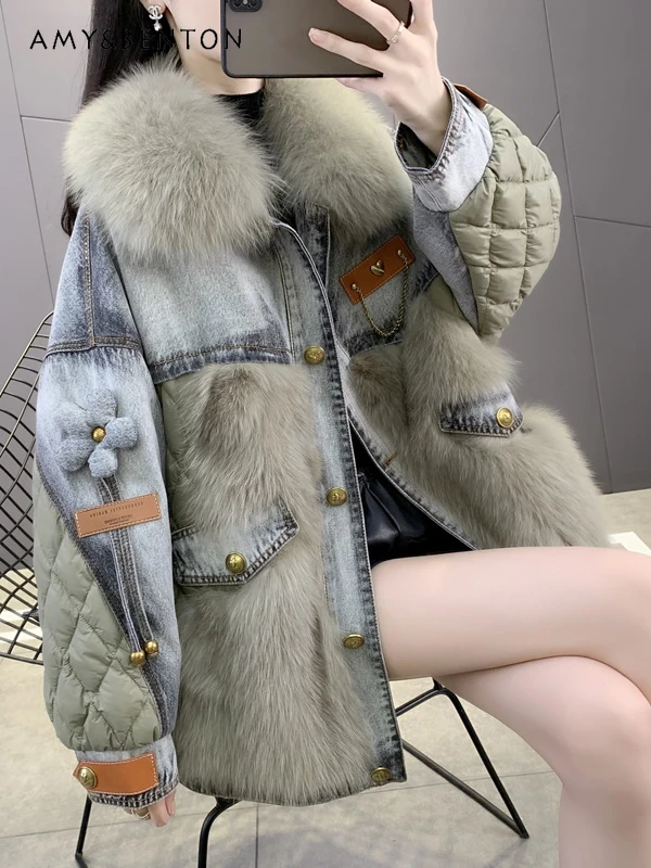 

Hong Kong Retro Denim Parka Faux Fur Coat Mid-Length Winter Coat Women High Sense Fashion Temperament Thickening Warm Fur Coat