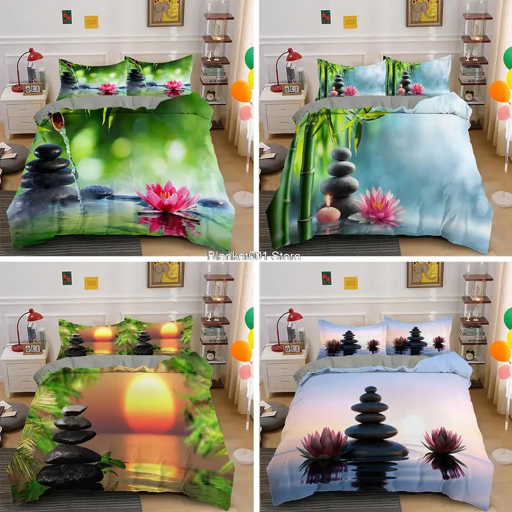 

Creek Zen Stone Waterlily Lotus Green Bamboo Bedding Set Garden Sunset Landscape Quilt Duvet Cover King Queen 2/3 pcs Bedclothes