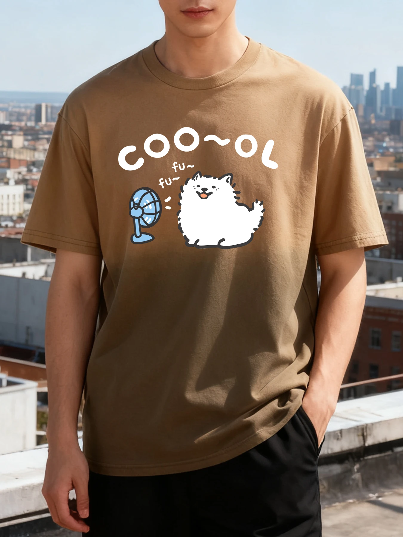 Samoyed مع مروحة تهب طباعة التعادل صبغ تي شيرت للرجال لينة القطن تي شيرت موضة س الرقبة المحملة للجنسين الصيف ملابس فضفاضة #1