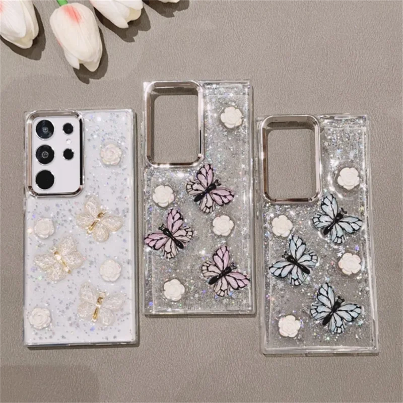 

3D Clear Shining Butterfly Flower Case for Samsung S24 S23 S22 Plus Ultra S21 Rose Transparent Seismic Protector Phone Cases